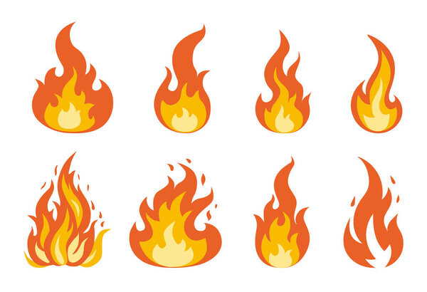 Vector set with the image of a flame. Fire image in flat style. Fire icons.