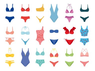 Mayoların vektör seti. Bikini çizimleri, monokini. Kadın mayosu. Tek parça mayo ve bikini koleksiyonu..