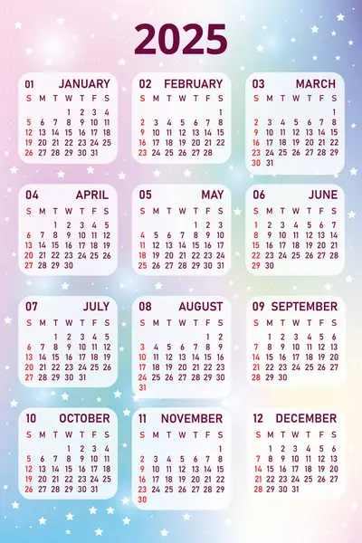 Kalendář Rok2025 Jednoduchý Vektorový Kalendář Týdnem Začínajícím Neděli Kalendář Barevném Stock Ilustrace