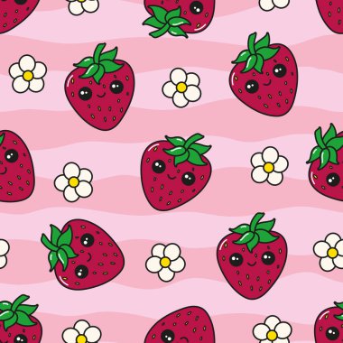 Çizgili arka planda sevimli kawaii çilekleri olan bir desen. Ambalaj kağıdı, kumaş ve çocuk eşyaları için şirin çilekler..