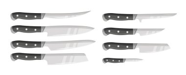 Siyah saplı mutfak bıçakları seti. Bir restoran için profesyonel bıçaklar.