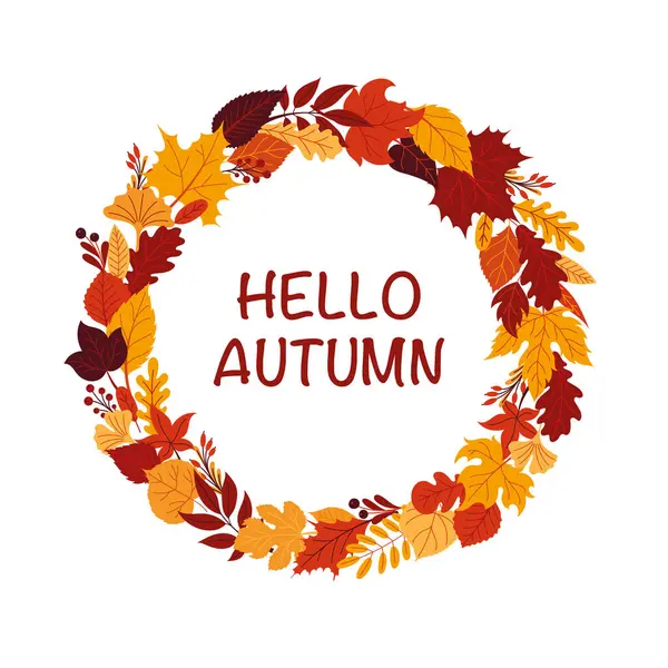Yuvarlak çerçeve Hello Autumn. Sonbahar yapraklarının çelengi