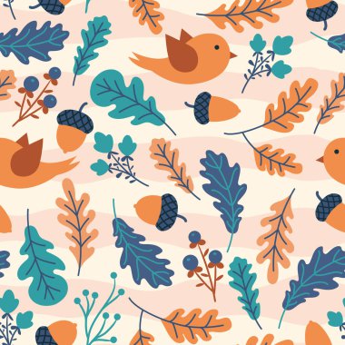 Sonbahar yaprakları, meşe palamutları ve kuşlarla kusursuz desen. İskandinav tarzında kuşlarla desen