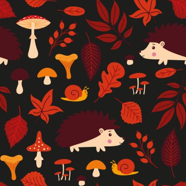 Sonbahar yaprakları, kirpiler ve mantarlar. Giysi deseni, ambalaj kağıdı.. 