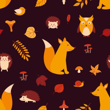 Orman hayvanları ve sonbahar yapraklarıyla kusursuz desen. Paket kağıdı veya kumaş için desen.