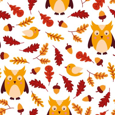 Kuşlar ve meşe yapraklarıyla kusursuz desen. Baykuş, kuş, meşe palamudu, meşe yaprağı. 