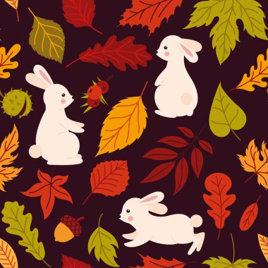 Tavşanlı ve sonbahar yapraklı bir desen. Kumaş veya ambalaj kağıdı için tavşanlı güz arkaplanı. 