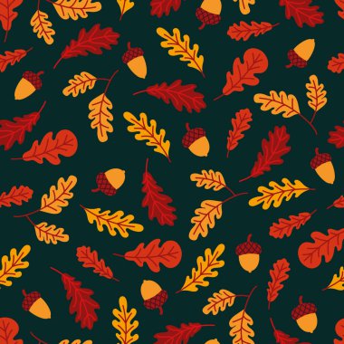 Meşe yaprağı ve meşe palamudu deseni. Yeşil arka planda meşe palamudu olan sonbahar deseni. Kumaş ve ambalaj kağıdı için ideal. 