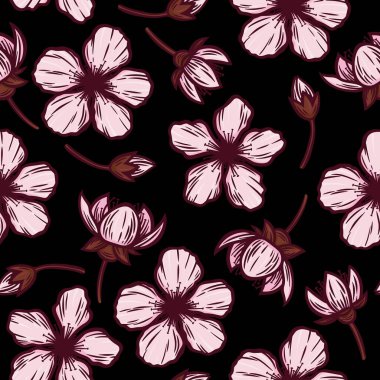 Pembe kiraz çiçeği deseni. Siyah arka planda kiraz çiçekleri. Paket kağıdı ve kumaş için uygun..