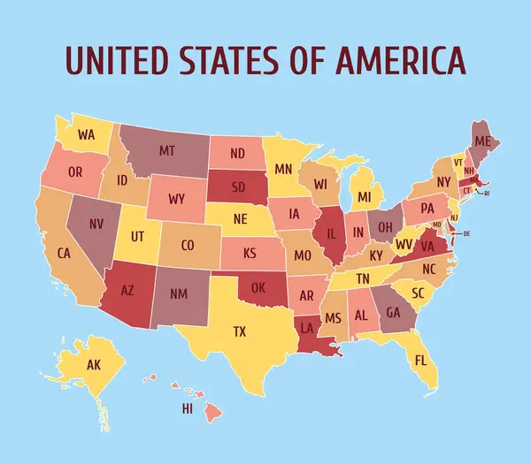 Amerika 'nın haritasında eyaletlerin isimleri var. Sınırları ve isimleri olan Amerika Birleşik Devletleri idari haritası. Klasik siyasi harita.