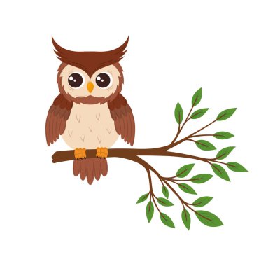 Dalda oturan bir baykuş görüntüsü. Şirin baykuş, düz stil. Giysi, not defteri veya diğer ürünleri basmak için baykuşlu çocuk resimleri.