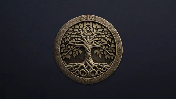 Koyu mavi deri arka planda Yaşam Ağacı, masaüstü duvar kağıdı. Üretken yapay zeka araçları ve Adobe Photoshop kullanarak oluşturuldu.