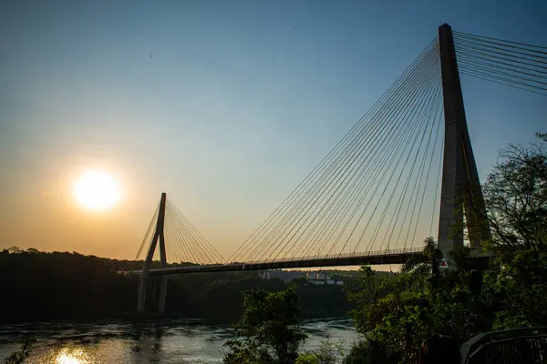 Aydınlatılmış kablo destekli köprü, Brezilya-Paraguay Gecesi Köprüsü. Yüksek kalite fotoğraf