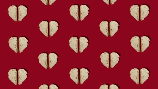 Pattern Stop Motion Made Pieces Homemade Bread Bright Red Background — Vídeo de Stock