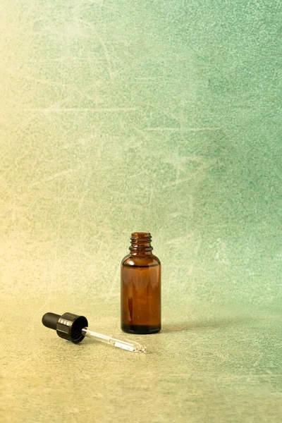 Open Brown Glass Cosmetic Dropper Bottle Face Serum Oil Vivid — Stock Photo, Image