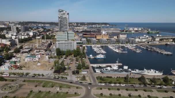 Pohled Vrcholu Přístavu Gdyni Lodě Plachetnice Nábřeží Kosciuszko Náměstí Vlnolam — Stock video