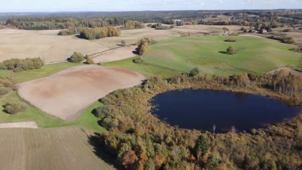 晴れた秋の日には 畑や牧草地の間のスワルキ地域の小さな湖の空中ビュー — ストック動画