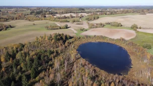 Widok Lotu Ptaka Jezioro Suwałkach Wśród Pól Łąk Słoneczny Jesienny — Wideo stockowe