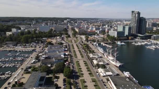 Aerial View Kosciuszko Square Haven Port Gdynia Summer Sunny Day — Stock Video
