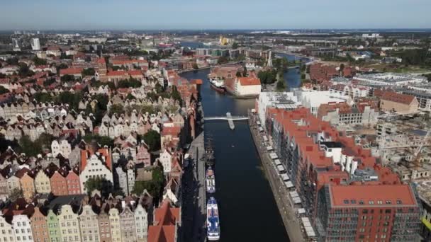 Aerial View Old Town Gdansk Motlawa River Summer Sunny Day — Stock Video
