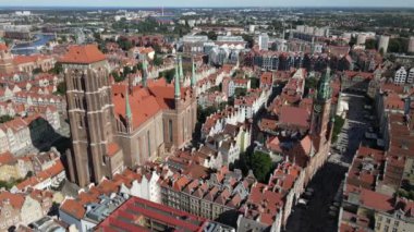 Aerial view of the Main Town Hall and St.Mary's Basilica in Gdansk on a summer,sunny day.