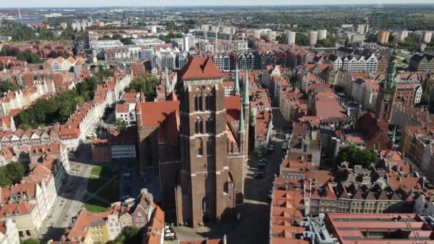 Aerial View Main Town Hall Mary Basilica Gdansk Summer Sunny — Stock video