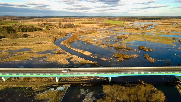 View from above on the bridge over the Narew River and backwater on a sunny day.