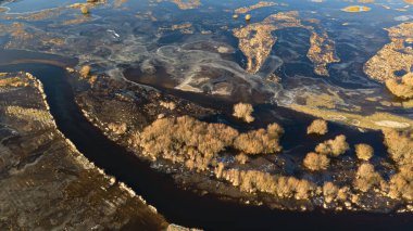Aerial view of the backwaters of the Narew River on a sunny,spring day.