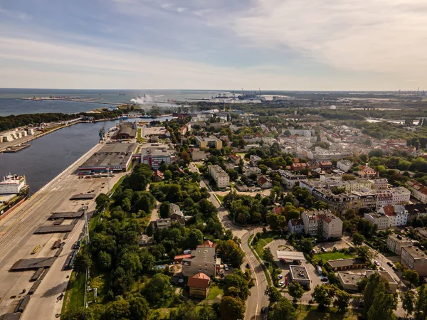 Kilátás Kikötőben Lévő Drónról Gdansk Kikötői Csatornájáról Kikötőben Lévő Hajókról — Stock Fotó