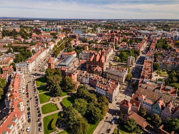 Drone Kilátás Régi Város Gdans Egy Napos Nyári Napon — Stock Fotó