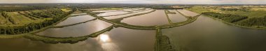 Panorama. Podlasie 'de güneşli bir yaz gününde balık göletlerinin manzarası..
