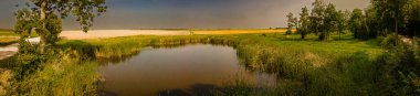 Panorama. Podlasie 'de güneşli bir yaz gününde çayırların ve tarlaların arasında bir gölet..