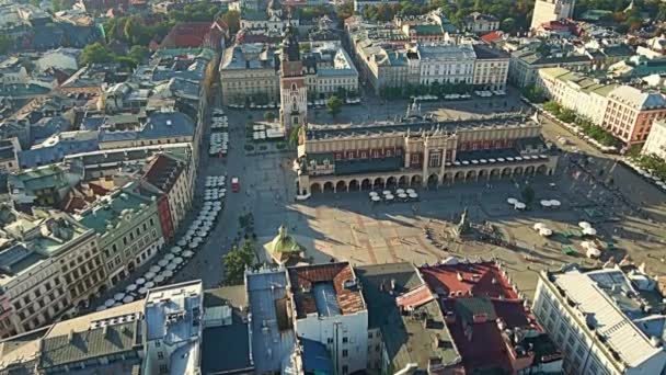 Widok Lotu Ptaka Rynek Starego Miasta Krakowie Wieża Ratuszowa Kościół — Wideo stockowe