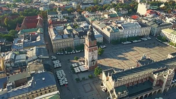 Luftaufnahme Des Altstädter Rings Krakau Des Rathausturms Der Marienkirche Des — Stockvideo