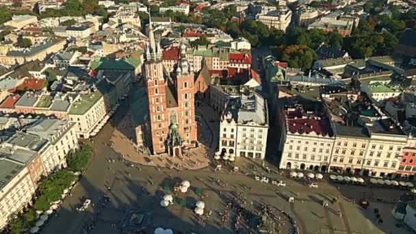 Widok Lotu Ptaka Rynek Starego Miasta Krakowie Wieża Ratuszowa Kościół — Wideo stockowe