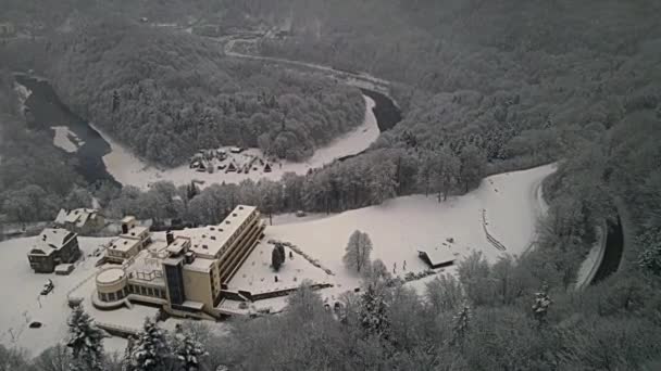 Aerial View Poprad Landscape Park Beskid Sadecki Snowy Winter Day — Video