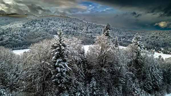 Beskid Sadecki 'deki Poprad Peyzaj Parkı' nın havadan görünüşü..