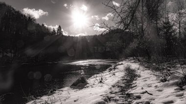 Beskid Sadecki 'deki Poprad Peyzaj Parkı' nda kış manzarası güneşli, aralık günü.