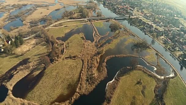 Aerial View Backwaters Narew River Tykocin Sunny Spring Day — Stock Video