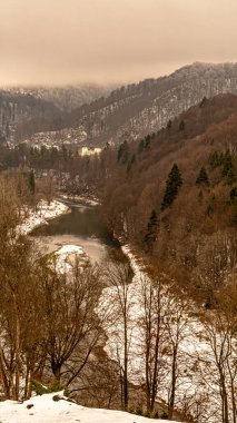 Beskid Sadecki dağlarındaki Poprad Nehri üzerindeki Poprad Peyzaj Parkı 'nın kış manzarası.