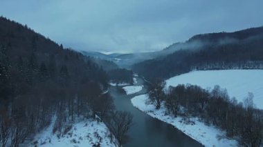 Poprad Peyzaj Parkı 'nın sisli bir kış gününde Poprad Nehri üzerindeki hava manzarası..