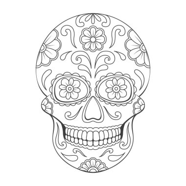 Çiçekli süslemeli Ölü Kafatası Günü. Meksikalı kafatası. Vektör illüstrasyonu beyaz arkaplanda izole edildi