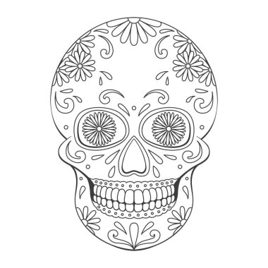 Çiçekli süslemeli Ölü Kafatası Günü. Meksikalı kafatası. Vektör illüstrasyonu beyaz arkaplanda izole edildi