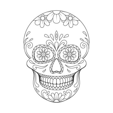 Çiçekli süslemeli Ölü Kafatası Günü. Meksikalı kafatası. Vektör illüstrasyonu beyaz arkaplanda izole edildi