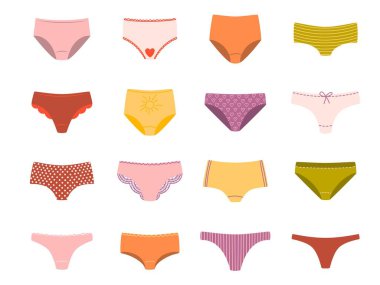 Çeşitli kadın iç çamaşırları koleksiyonu. Renkli pantolon takımı. Modern düz vektör çizimi beyaz arkaplanda izole edildi