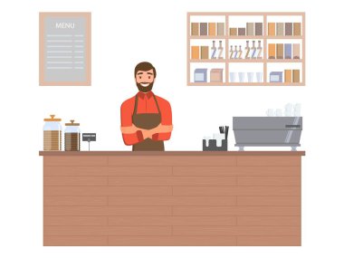 Kahve dükkanındaki sakallı, gülümseyen erkek kahveci. Kafenin içi ve işçisinin içi. Modern düz vektör çizimi beyaz arkaplanda izole edildi