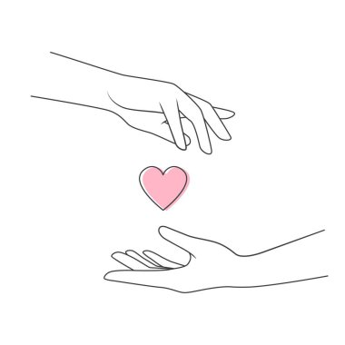 Eller pembe kalp sembolünü tutsun. Vektör illüstrasyonu beyaz arkaplanda izole edildi