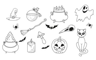 Cadı şapkası, kazan, süpürge, kara kedi, örümcekler, hayalet, yarasa, balkabağı, kuş kafatası, mantar, sihirli iksir. Cadılar Bayramı için vektör illüstrasyonu