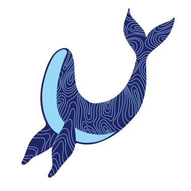 Soyut dekoratif süslemeli mavi bir balina silueti. Vektör illüstrasyonu beyaz arkaplanda izole edildi