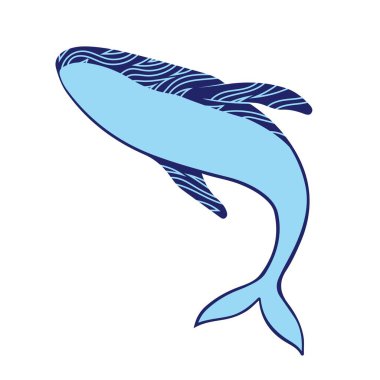 Soyut dekoratif süslemeli mavi bir balina silueti. Vektör illüstrasyonu beyaz arkaplanda izole edildi